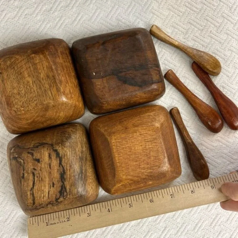 Vintage Antique 8 Piece Teak Wood Primordial Bowl and Spoon Sauce Serve Set - Picture 6 of 13